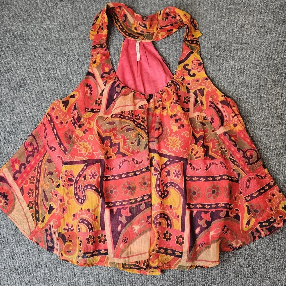 Free People Strawberry Racerback Tank Top Flowy Chiffon Size‎ XS Sheer Boho
